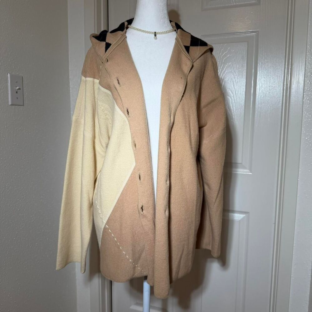 80s 100% Wool Dana Buchman Hooded Patchwork Argyle Button Up Coat Sz LG